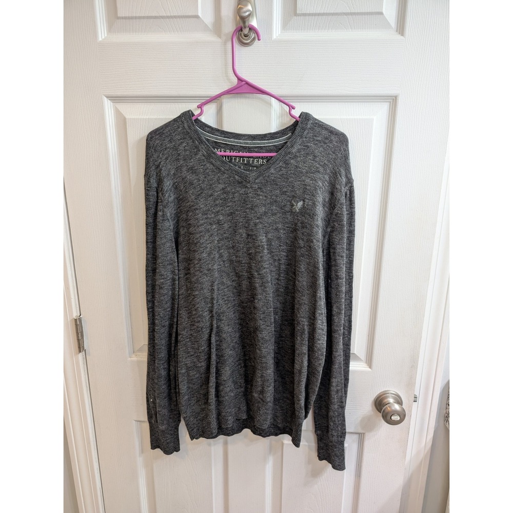 American Eagle Mens V-Neck Cotton Sweater Charcoal Heather Pullover - Size M